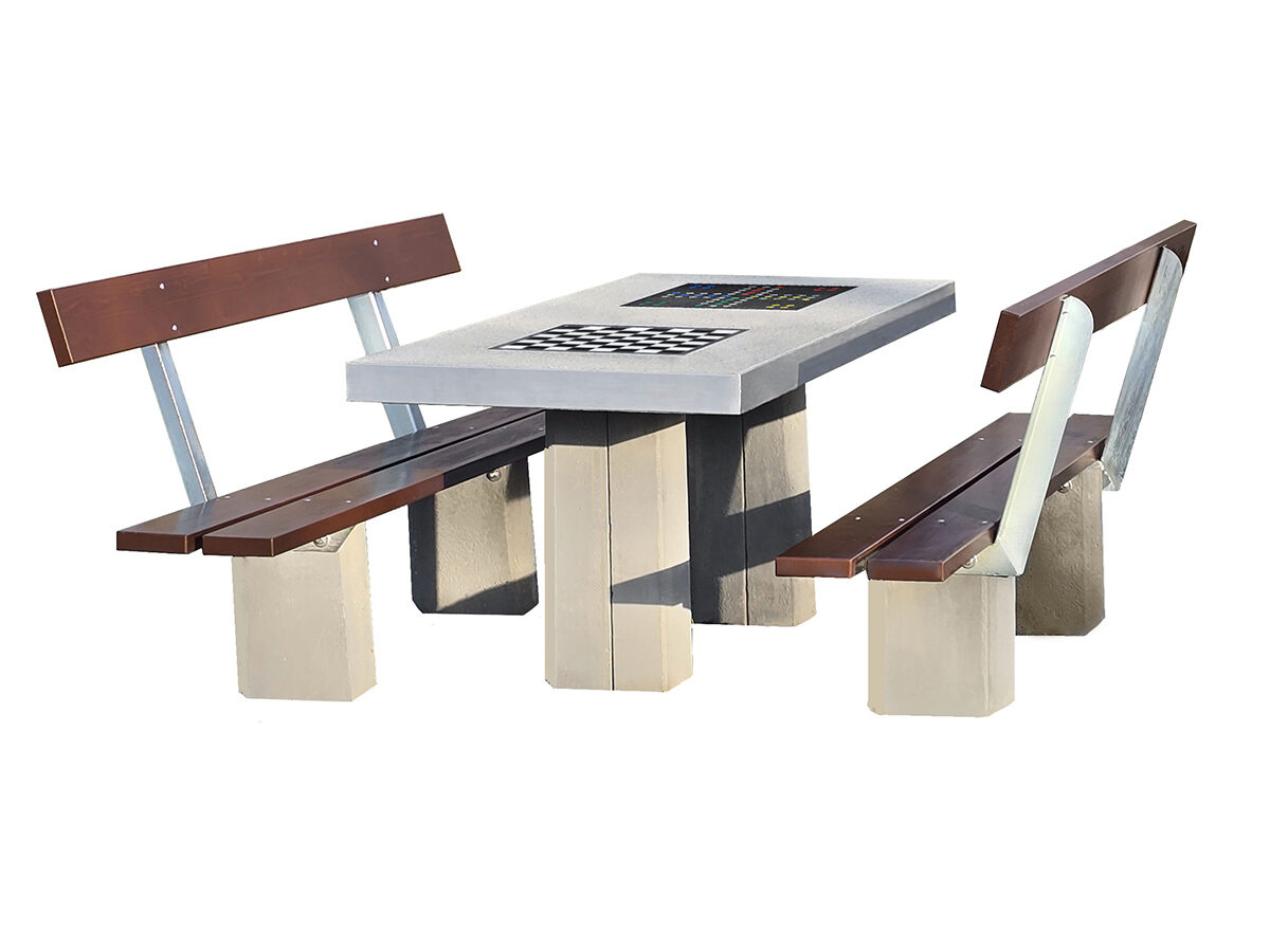 Podwójny stół betonowy do gry w szachy, karty i chińczyka | ławki z oparciem - Archipark