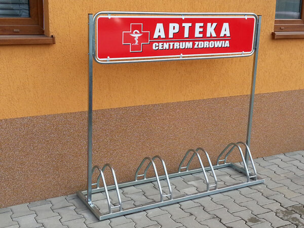 Stojak rowerowy z szyldem reklamowym KARAT na 3, 4 lub 8 rowerów | z banerem