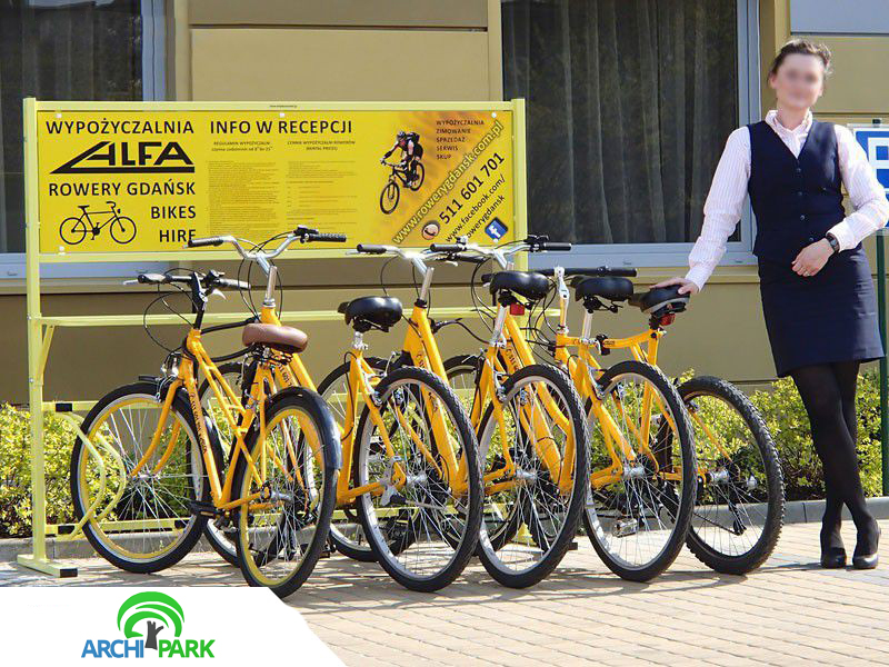 Stojak rowery KARAT VERTICAL PREMIUM na 5 rowerów z Reklamą | z regulowanymi stanowiskami | na mieście
