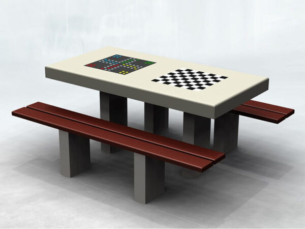 Podwójny stół betonowy do gry w szachy, karty i chińczyka | ławki bez oparcia